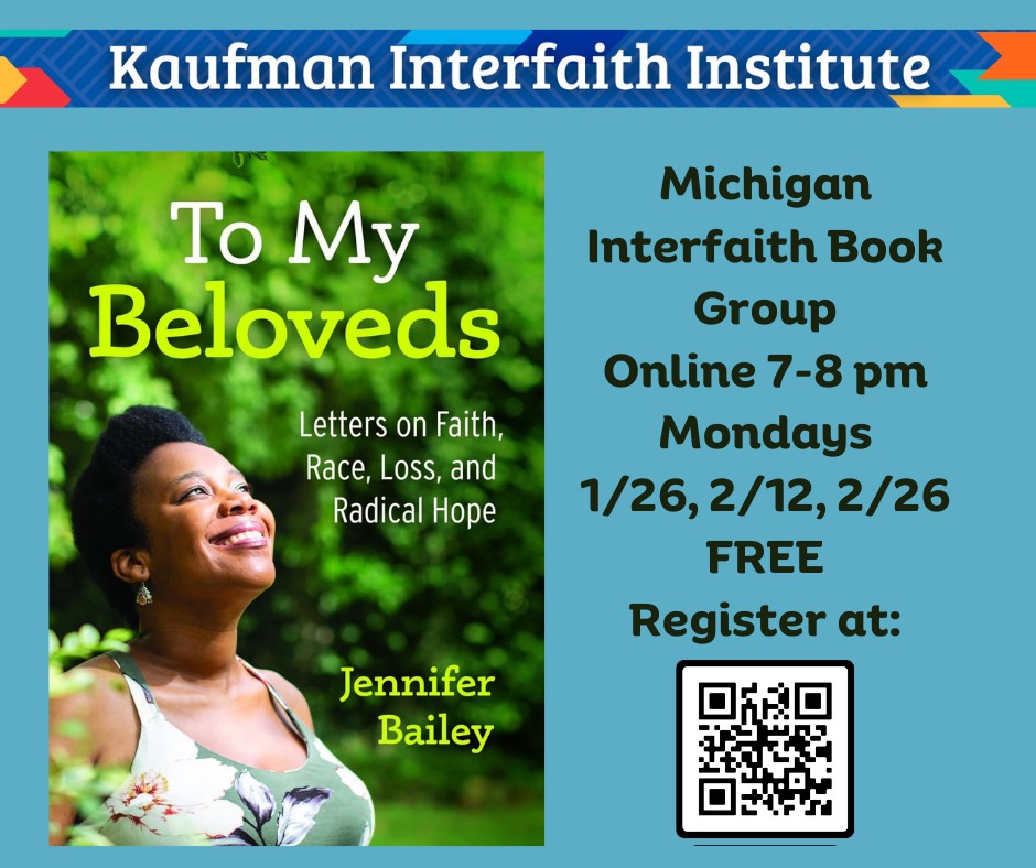 Kaufman book group information with picture of Rev. Jen Bailey's book, To My Beloveds
